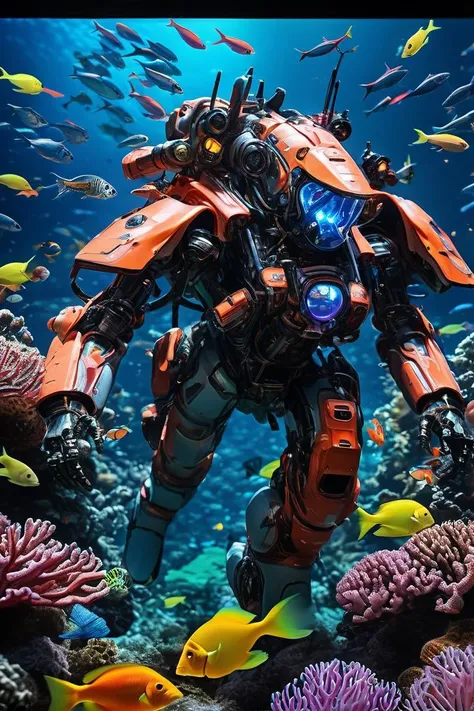 (Ultra realistic, High quality, Intricate movie scene), ((a Ultra detailed Mech suit pilot)) (Sprints across open terrain in A vibrant coral reef, teeming with colorful fish and marine life.), (Powerful colors, highly detailed colorful textures), (Cinemati...