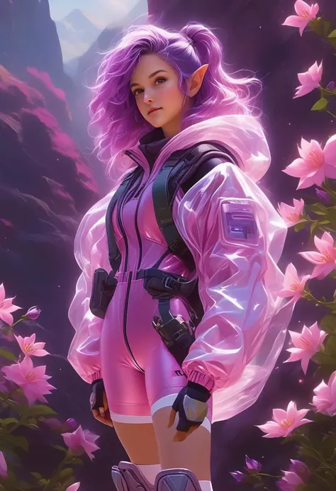 close-up, 8K, cyber helmet, technical clothing jacket, close-up space scenery, cute elf girl in a big fluffy pink coat and a transparent short cellophane jumpsuit, with long tousled purple hair and shiny skin, Drew Barrymores cute young face and anatomical...