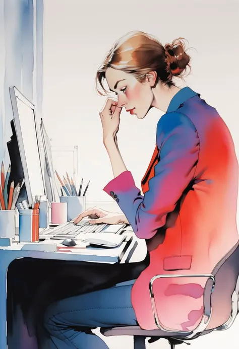 1 woman beautiful working closeup office gradient (art by Quentin Blake )