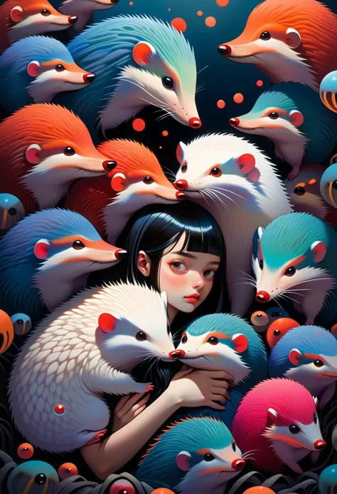 1girl hugging a hedgehog
 art by Junji Ito, art by Martine Johanna, anime network, anime style