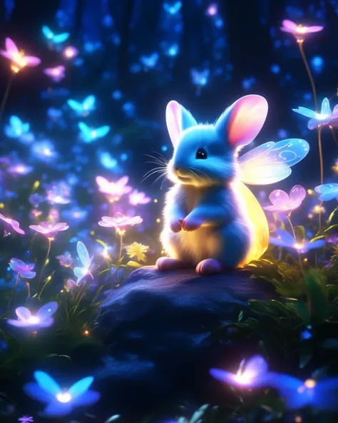 (extremely detailed 8K, smooth, high resolution, ultra quality, best quality, masterpiece, top quality, extremely detailed:1.5), Enchanted Realms Darling, Glowing flowers, fireflies, soft fur, curious expression, Innocence and whimsy, Beloved creature in a...