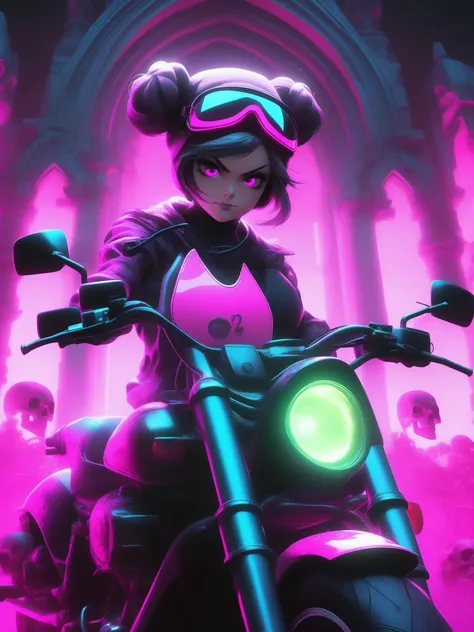 A female realistic portrait gothic skull character with buns hair and wearing a magenta gothic outfit, big skull cap, standing next to neon motercycle coming out of the gate of skulls, in the style of gothic dark and macabre, 2d game art, flurocescent colo...