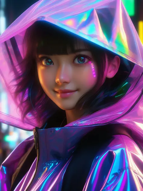 masterpiece, best quality, half body, portrait, night city, 1girl, anime, 3D, Japan, pixar, realistic, teen girl, smiling, cute face, harajuku fashion style, rain coat, beautiful, colourful, neon lights, cyberpunk, smooth skin, illustration, by stanley art...