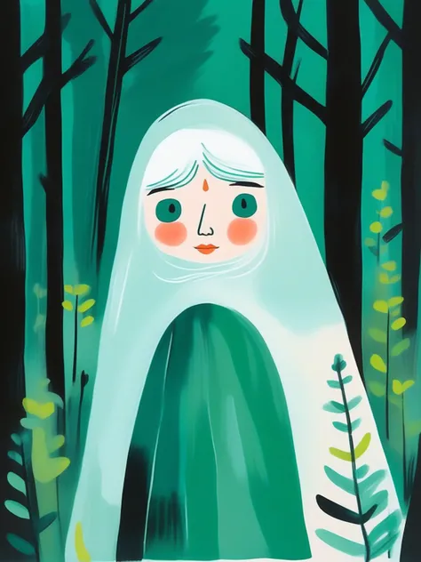 Portrait of ghost girl in forest, maira kalman style, dark teal and green, dark background, acrilic markers line, illustration,