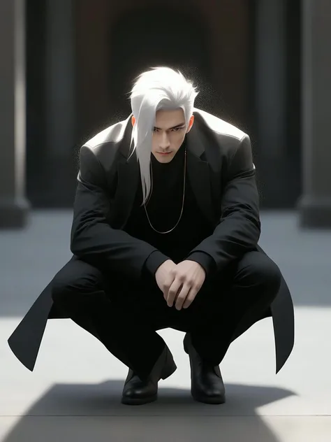 ( Fine) ( 8K) ( Full Body 1. 6) ( film quality) ( Epic) ( Masterpiece) Male 20 years old, white hair, black coat, black pants, one hand on the ground, half crouched, front close - up,