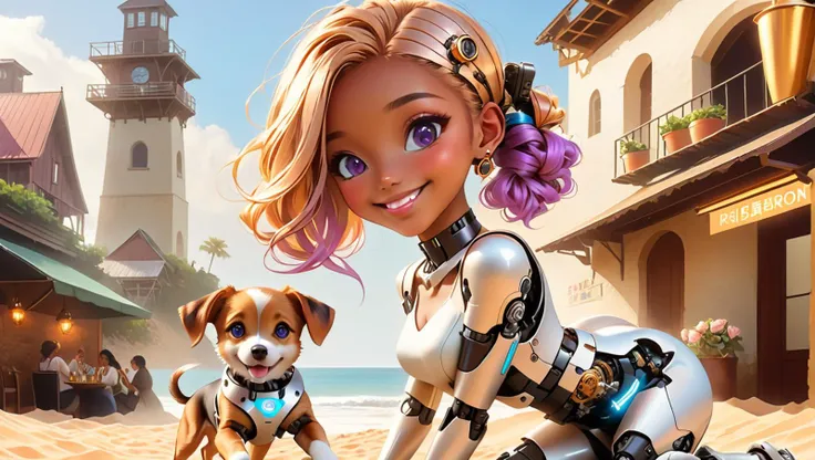 (((masterpiece))), (realistic:1.3), ((realism)), 8k,16k,( photo realistic:1.3 (best quality:1.2), ((1mechanical girl)) petting her small (mechanical dog:1.3), restaurant setting, (food porn:1.2), Textured, detailed,  <lora:cyborg_style_xl:0.4> cyborg style...