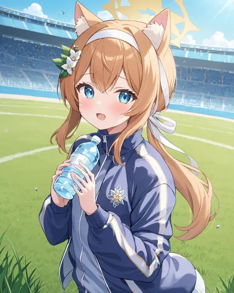 breathtaking,mari (blue archive),1girl, solo, looking at viewer, blush, open mouth, hair ornament, long sleeves, holding, jacket, ponytail, flower, :d, sidelocks, hairband, outdoors, hair flower, official alternate costume, animal ear fluff, halo, bottle, ...