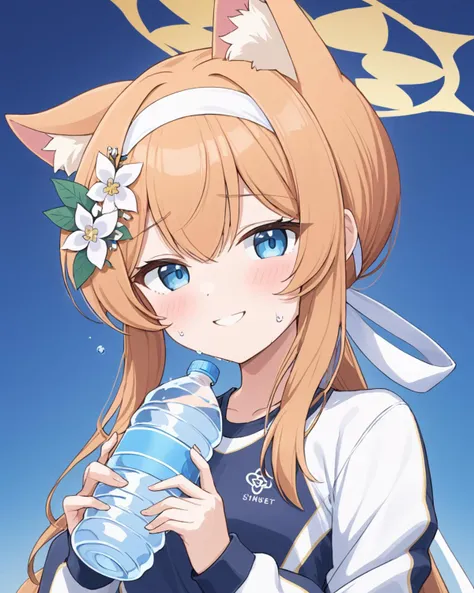 mari (blue archive),1girl, official_alternate_costume, halo, solo, hair_flower, animal_ear_fluff, blush, smile, holding_bottle, water_bottle, gym_uniform, upper_body, track_jacket, sweat, white_hairband
<lora:mari_(blue_archive)_image2498_2023-11-28-000008...