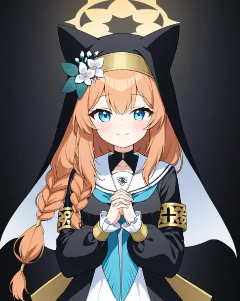 mari (blue archive),1girl, solo, halo, nun, animal_ear_headwear, long_sleeves, single_braid, looking_at_viewer, habit, hat_flower, smile, blush, white_flower, own_hands_together, dress, blue_neckerchief, frills, steepled_fingers, parted_lips, white_sailor_...