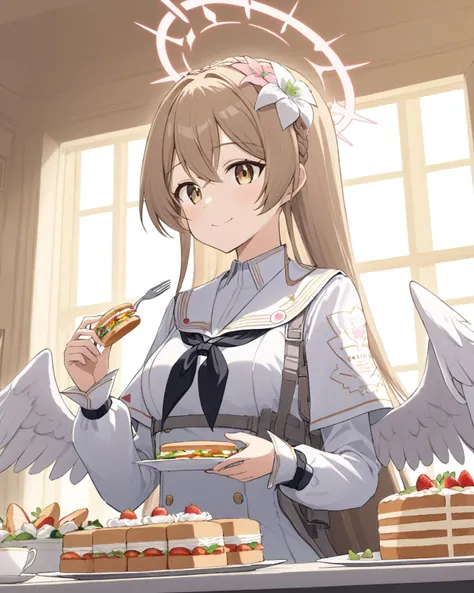 nagisa (blue archive), halo, hair_flower, 1girl, teacup, white_dress, black_neckerchief, long_sleeves, holding, sandwich, braid, cake, fork, solo, handgun, table, tiered_tray, closed_mouth, feathered_wings, smile, plate, angel_wings, holster, sailor_collar...