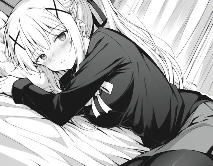 anime girl laying on bed with head on pillow in black and white photo