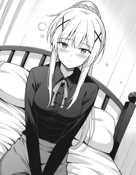 anime girl sitting on bed with black and white background