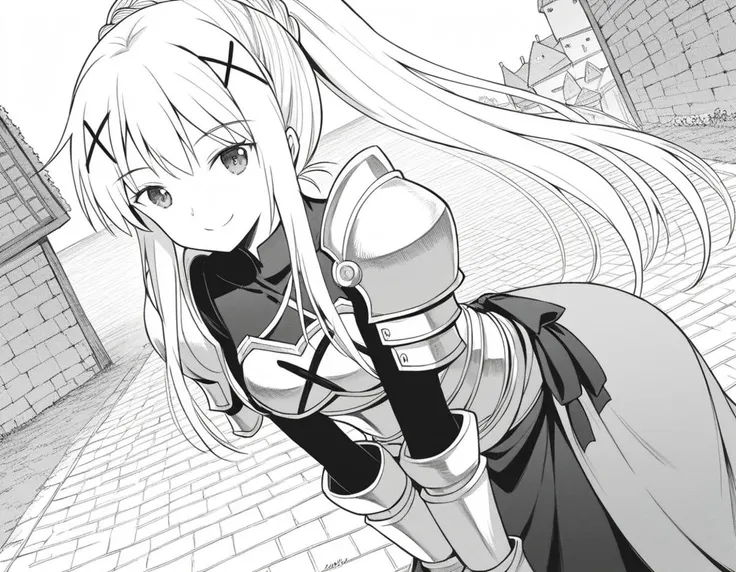 anime girl with long white hair and a sword in a courtyard