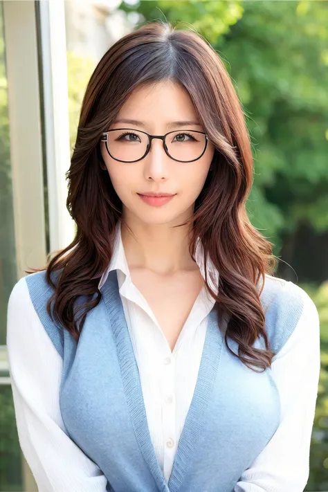 a close up of a woman wearing glasses standing near a window