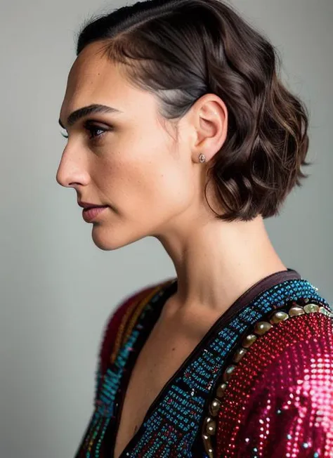 a woman with a short haircut wearing a sequinned top