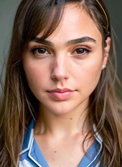 a close up of a woman with a blue shirt and a yellow headband