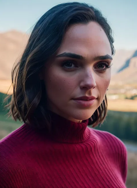 a close up of a woman in a red turtle neck sweater