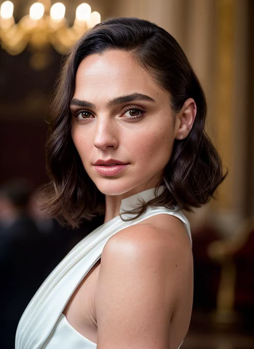 a woman with a white dress and a chandelier in the background