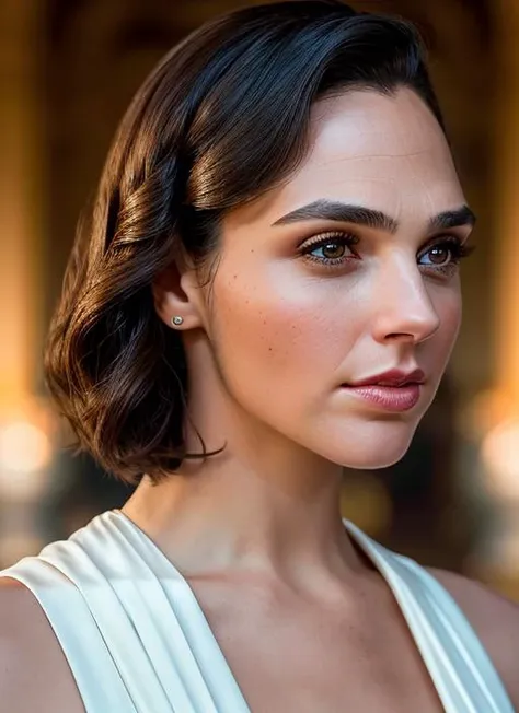 a close up of a woman with a white dress and earrings