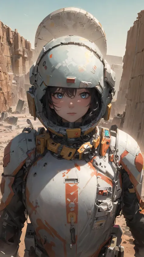 (masterpiece, top quality, best quality, extreme detailed, highest detailed, official art, beautiful and aesthetic:1.2), colorful, beautiful face, solo, perfect body, 1girl, spacesuit, outdoors, buildings, (science fiction:1.0), (on mars:1.1), upper body