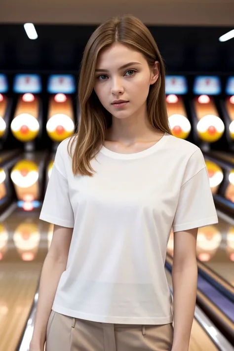 European woman, full_body , sandals, (shirt), pants, (bowling alley), [ZM_dina:ZM_elena], wide shoulders, perfect face, (contact iris: 1.1), pale skin, skin pores , depth of field