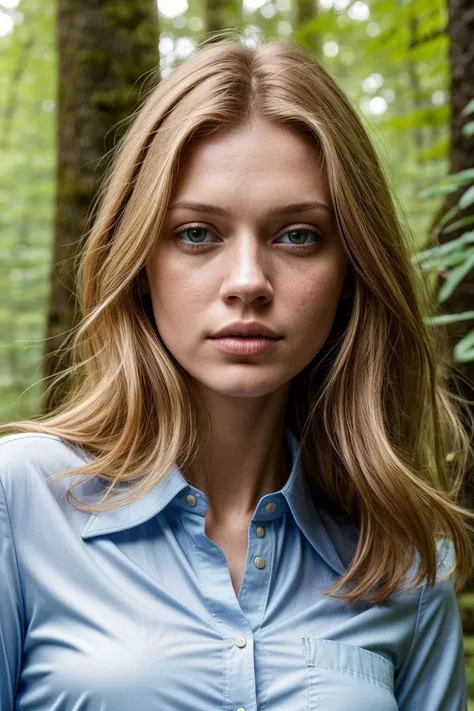 European woman, closeup, sandals, (shirt), pants, (bridge in the woods), [ZM_nastasiya:ZM_angel], wide shoulders, perfect face, (contact iris: 1.1), pale skin, skin pores , depth of field