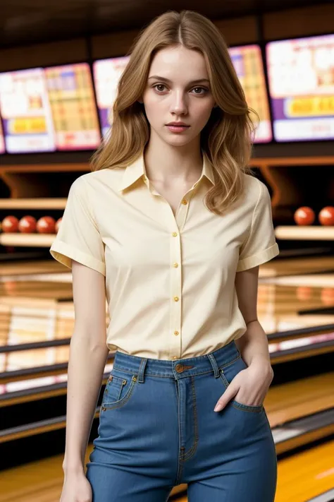 European woman, closeup, sandals, (shirt), pants, (bowling alley), [ZM_amy:ZM_nastasiya], wide shoulders, perfect face, (contact iris: 1.1), pale skin, skin pores , depth of field