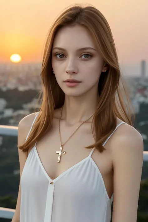 European woman, closeup, (shirt), pants, (sunset blvd), cross necklace , [ZM_tereza : ZM_natalia] , wide shoulders, perfect face, (contact iris: 1.1), pale skin, skin pores , depth of field