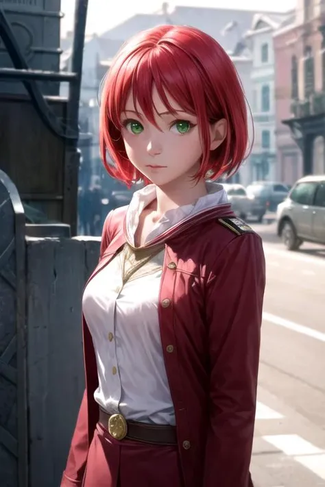 masterpiece, best quality, sketch, 1girl, solo, looking at viewer, , depth of field, ligne claire, realistic, <lora:shirayuki-hime:0.68>, shirayuki-hime, red hair, green eyes, outerwear, , world war 2, 32k resolution