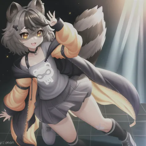 <lora:Snuffy:1>, raccoon girl, raccoon tail, masterpiece, best quality, CG, wallpaper, HDR, high quality, high-definition, extremely detailed, close up, solo, dynamic pose, full body, small breast, cute face, hair ribbon, black ribbon, glowing eyes, oversi...