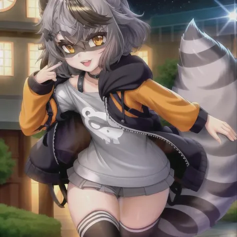 <lora:Snuffy:1>, raccoon girl, raccoon tail, masterpiece, best quality, CG, wallpaper, HDR, high quality, high-definition, extremely detailed, (1girl:1.5), close up, solo, dynamic pose, full body, small breast, (cute face,(:d)), hair ribbon, black ribbon, ...