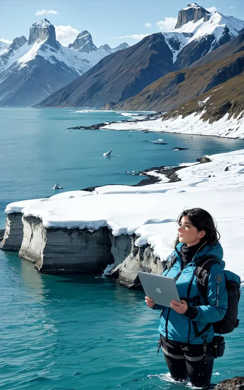 ([style of Laura Martin, OverallDetail:style of Dave Stewart, HairDetail SkinDetail :0.3]:1.21),  (style of Paul Nicklen), [remote wilderness exploration:Puerto Natales ocean research:0.8] narrative, capturing the essence of a dedicated ocean researchers j...