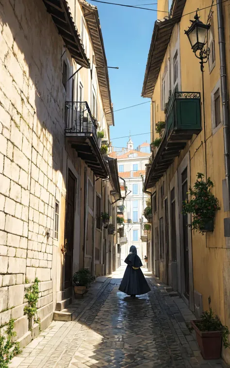 ([style of Laura Martin, OverallDetail:style of Dave Stewart, HairDetail SkinDetail :0.3]:1.21),  (style of Fan Ho), [vibrant Lisbon lightplay:urban texture:0.8] composition, capturing a mesmerizing moment of a woman moving through a narrow alley in Lisbon...