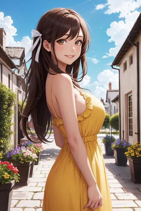 masterpiece, best quality, detailed, 1girl, long brown hair, hair ribbon, large breasts, yellow sundress, from side, smile, courtyard, flowers, clouds, arms behind back,