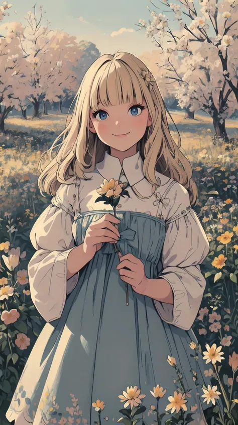 (masterpiece, top quality, best quality, official art, beautiful and aesthetic:1.2), extremely clear 8K wallpaper,
blue eyes, blunt bangs, blonde hair, <lora:mjty:0.65> mjtyhz, portrait, closed mouth, light smile, flower field, dress,