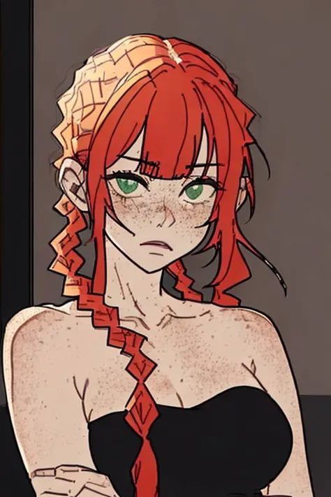 anime girl with red hair and green eyes in a black dress