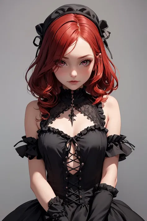 (masterpiece, best quality), 1girl, red hair, medium chest, gothic frill dress, pervert face,