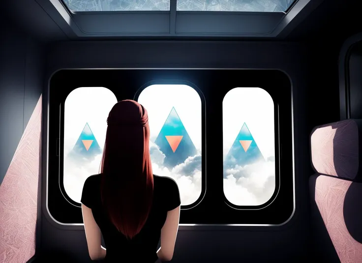 three cornered window, back of head shot of (woman looking out of triangle window:1.1), 3rd person, Looking out the triangular window of a (train:1.1) with triangular windows, triangular windows and triangular, wheels,  in a fantasy world, 
psychedelic, ge...