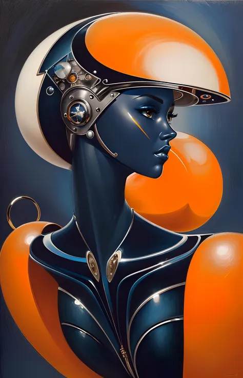 painting of a woman with a futuristic helmet and orange bubbles