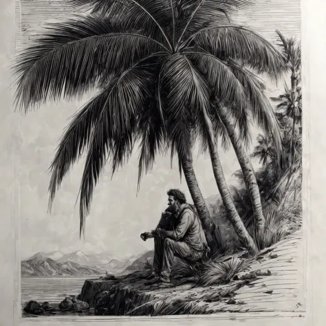 a drawing of a man sitting on a rock next to a palm tree