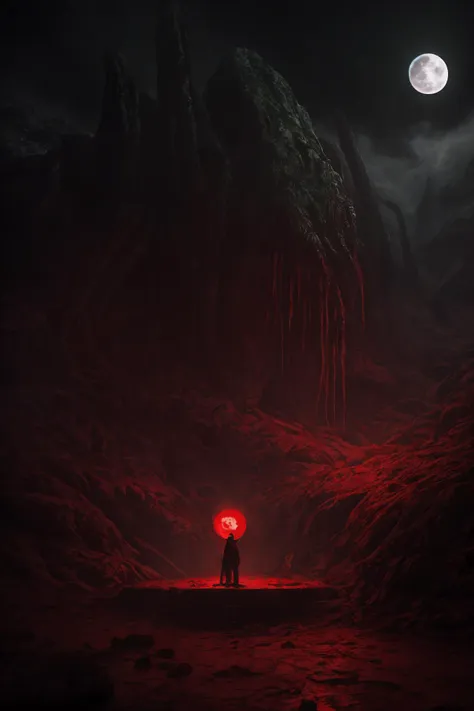 a man standing in a dark cave with a red umbrella