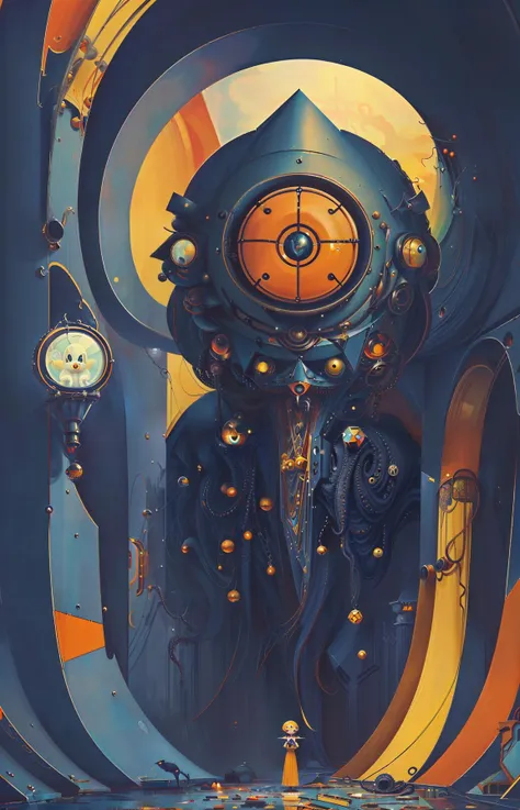 there is a painting of a clock in a futuristic building