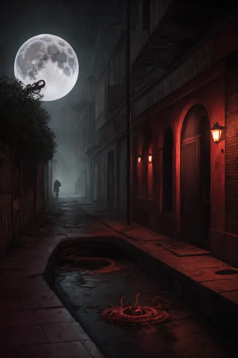 a dark alley with a full moon and a person walking down the street