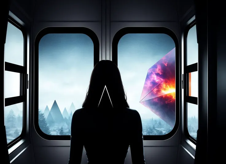 three cornered window, back of head shot of (woman looking out of triangle window:1.1), 3rd person, Looking out the triangular window of a (train:1.1) with triangular windows, triangular windows and triangular, wheels,  in a fantasy world, 
psychedelic, ge...