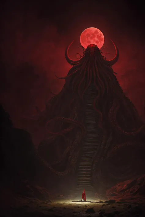 a man standing in front of a giant squid with a red moon in the background