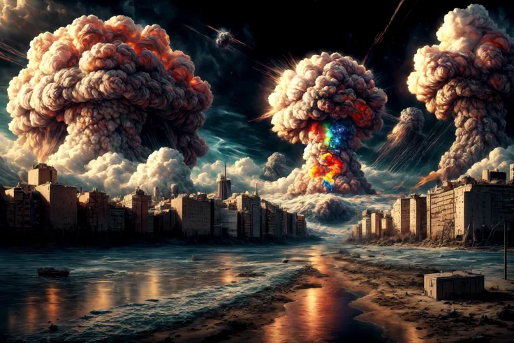 a picture taken from a beach of a city with a huge explosion of smoke