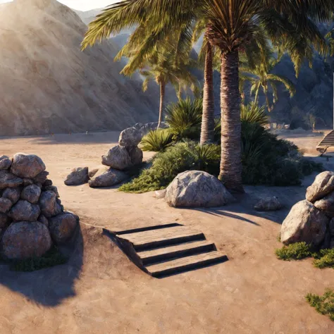 RAW photo, 8k uhd, Analog style, (Masterpiece, Best Quality, Highres:1.3), dramatic, cinematic, BREAK,
(Isometric perspective:1.4) (Pixar style:1.2) (3D model render:1.3) of  little (intricate:1.2) (ancient elven beach ruins:1.3), (deck chair, stairs, (pal...