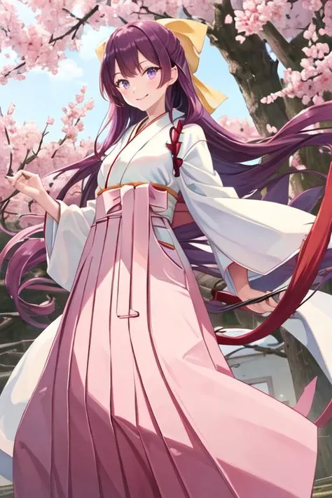 best quality, masterpiece, highres, solo, {white kimono:1.35}, {red hakama:1.35}, {wide sleeves:1.20}, {kamikaze_kantaicollection:1.15}, long_hair, purple_hair, bow, hair_bow, purple_eyes, yellow_bow, hakama, pink_hakama, smile, tasuki