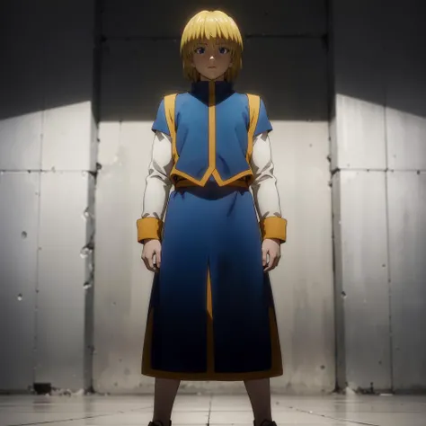 <lora:Kurapika004:0.6>,solo,
Kurapika,1girl,
blue tabard,blue skirt,
full body,standing,