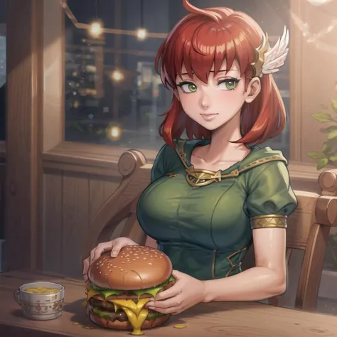 masterpiece, ultra high quality cg, best quality, 1girl, priscilla fe, wing hair ornament, green shirt, huge cheeseburger, sitting at table